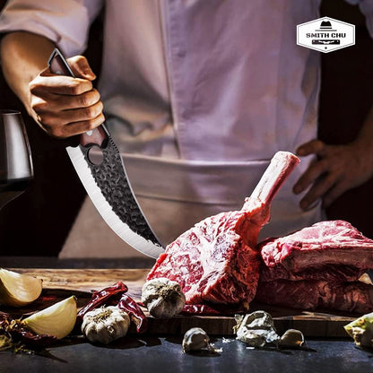 SMITH CHU hand-forged boning knife with leather sheath. Professional kitchen knife, portable camping knife, high carbon steel butcher knife. Full tang multipurpose BBQ tool for home and outdoor use.