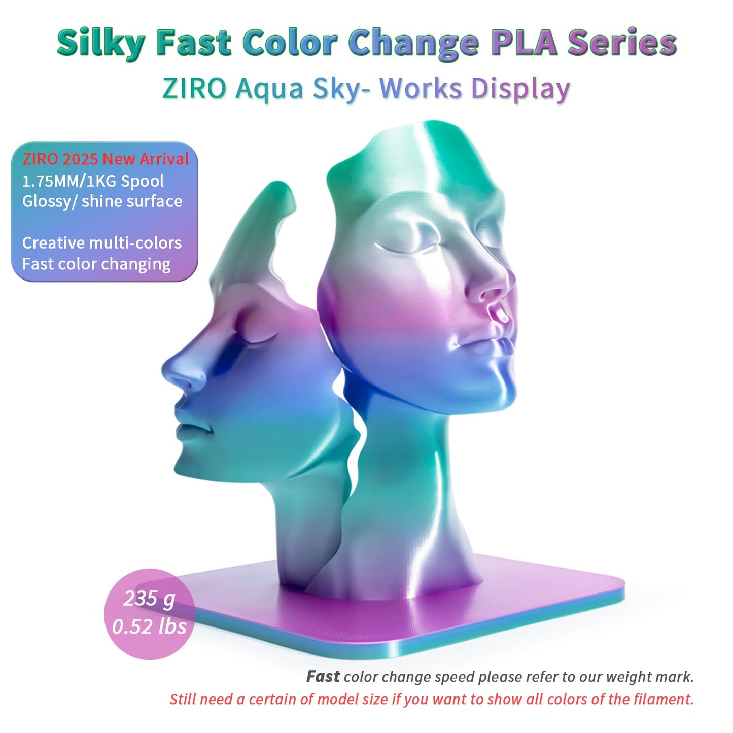 ZIRO Silk Multicolor 3D Printer Filament, Silk Rainbow PLA Filament 1.75mm, Fast Gradient PLA 1kg for Most 3D Printers, Dimensional Accuracy +/-0.03mm, Aqua Sky