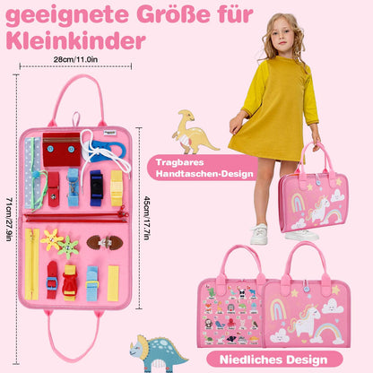 JHkim Busy Board German Montessori Toy for 1 2 3 4 year olds, boys & girls, kids sensory gift, Activity Board learning toy, Motor Skills toy for travel car & plane.