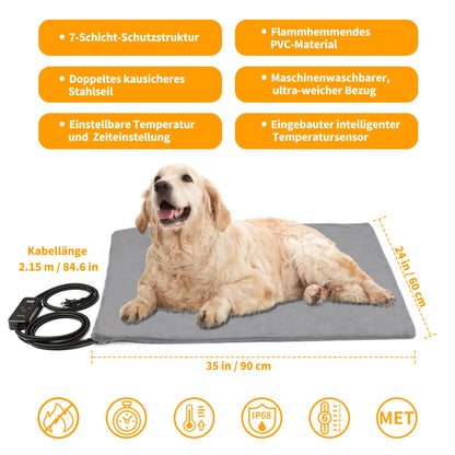 Toozey Cat & Dog Heating Pad Indoor 90 * 60cm, Timing & Temperature Adjustable Safe Electric Pet Heating Blanket, Soft Warming Blanket for Newborn/Small/Older Cat and Dog, Gray - XL