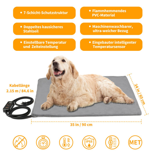 Toozey Cat & Dog Heating Pad Indoor 90 * 60cm, Timing & Temperature Adjustable Safe Electric Pet Heating Blanket, Soft Warming Blanket for Newborn/Small/Older Cat and Dog, Gray - XL