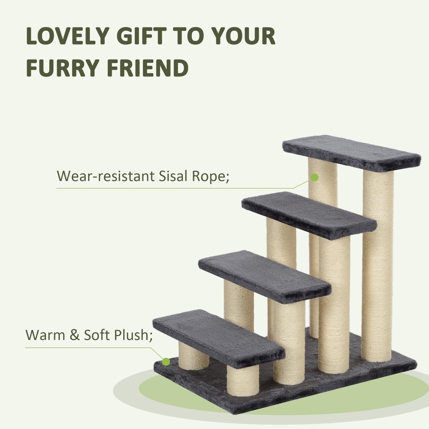 PawHut Pet Stairs Cat Stairs Dog Stairs 4 Steps Stairs for Cats and Dogs Plush Grey 60 x 42 x 61 cm