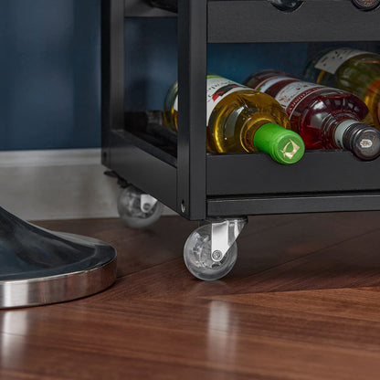 SoBuy kitchen trolley with wheels, kitchen cart with worktop, rolling cart with drawers, wine rack, kitchen island, standing kitchen shelf furniture for kitchen, dining room, and outdoor. Black 67x86x38cm FKW45-SCH.