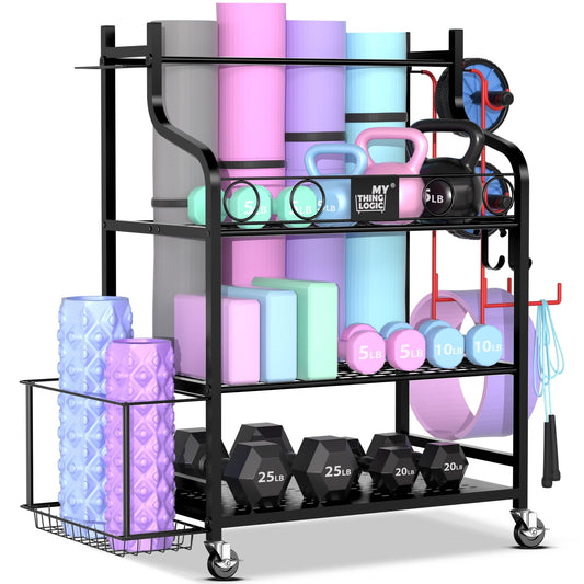 Mythinglogic Yoga Mat Rack, Yoga Mat Organizer for dumbbells, foam roller, kettlebell, and yoga block, home and gym storage shelf sports equipment display rack.
