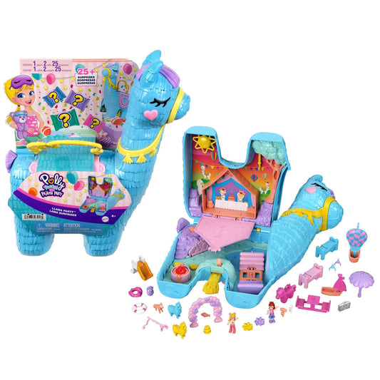 Polly Pocket case, llama in pajama party theme, with 25 accessories including 2 dolls and 2 llamas, interactive elements for immersive play, toy for ages 4 and up, HHX74.