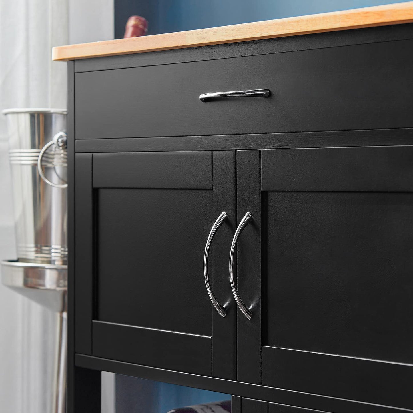 SoBuy kitchen trolley with wheels, kitchen cart with worktop, rolling cart with drawers, wine rack, kitchen island, standing kitchen shelf furniture for kitchen, dining room, and outdoor. Black 67x86x38cm FKW45-SCH.