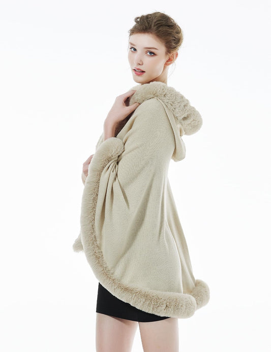 BEAUTELICATE Faux Fur Wrap Shawl Women's Poncho Cape With Hood For Winter Wedding Evening Bride (Beige,One Size)