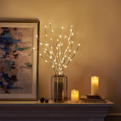 Eambrite decorative branch lights illuminate white birch branch stakes with 60 LED lights for outdoor and indoor decor for Christmas, Easter, Halloween, and parties.
