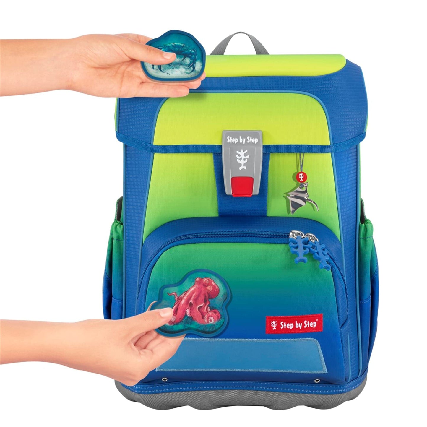Step by Step school bag set, Cloud Ocean Red Octopus Pius, 5 pieces, yellow-blue Octopus design, ergonomic backpack with reflectors, height adjustable with hip belt, for 1st to 4th grade, 19L.