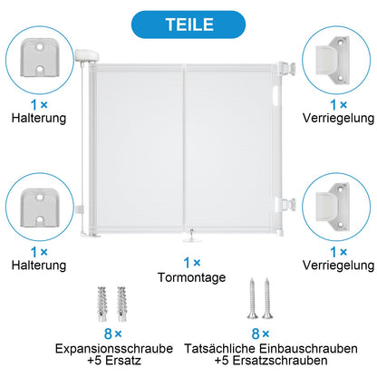 Stair gate for babies, retractable, 0-140 cm, 83 cm high baby safety gate, one-handed operation, suitable for stairs/doors, indoor & outdoor, door guard (140cm/white)