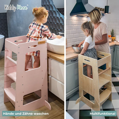 KiddyMoon Learning Tower for Children from 1 Year, Anti-Tip Protection, Height Adjustable (3 Levels), Montessori Learning Tower, Kitchen Helper, Highest Safety, Including Assembly Accessories, Model ST-003, Gray