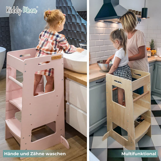 KiddyMoon Learning Tower for Children from 1 Year, Anti-Tip Protection, Height Adjustable (3 Levels), Montessori Learning Tower, Kitchen Helper, Highest Safety, Including Assembly Accessories, Model ST-003, Gray