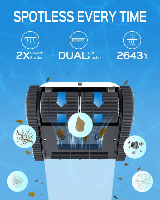 WYBOT Pool robot with 110 mins battery life, fully automatic pool cleaner for floor, waterline, wall cleaning. Features navigation & route planning for pools above or in-ground up to 120 sqm.