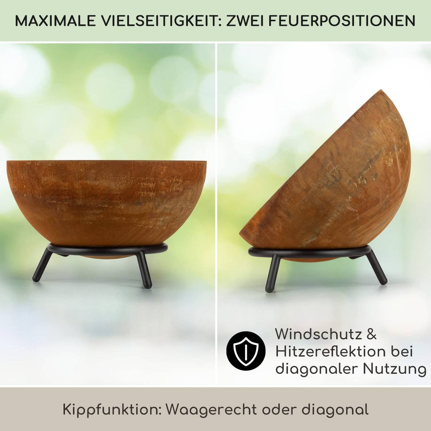 Blumfeldt Fire Pit, Outdoor Fireplace with 3-leg stand, Tilt-able Fire Bowls for Garden & Balcony, Large Camping Fire Pit, Weatherproof Garden Fire Bowl, 50x75x50 cm dimensions.