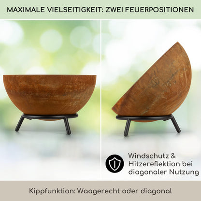Blumfeldt Fire Pit, Outdoor Fireplace with 3-leg stand, Tilt-able Fire Bowls for Garden & Balcony, Large Camping Fire Pit, Weatherproof Garden Fire Bowl, 50x75x50 cm dimensions.