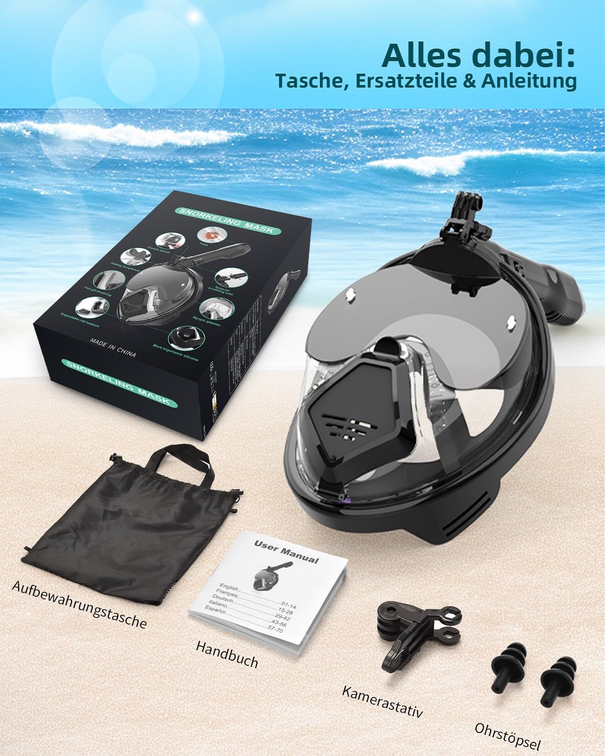 Adult snorkel mask, diving mask for adult man with foldable sun visor, full face mask with camera mount, 180° panoramic view and anti-fog, diving mask for glasses wearers.