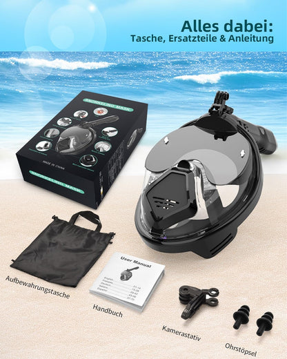 Adult snorkel mask, diving mask for adult man with foldable sun visor, full face mask with camera mount, 180° panoramic view and anti-fog, diving mask for glasses wearers.