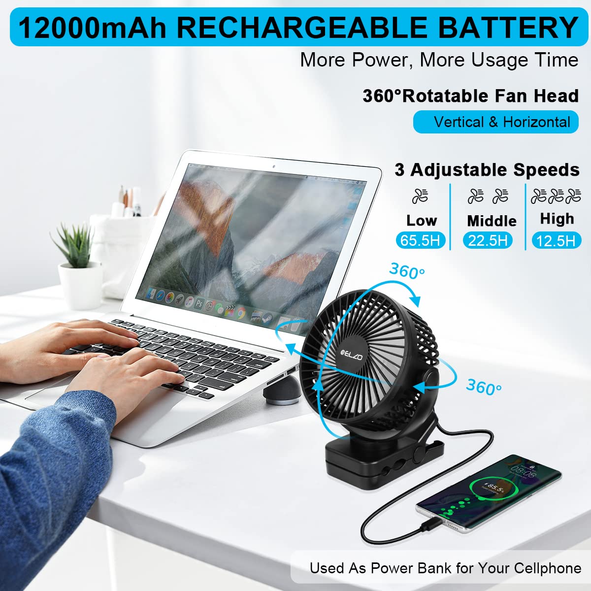 ELZO 12000mAh Camping Fan, Rechargeable Desk Fan USB Mini Fan with LED Light & Hook, 360° Rotation Quiet with Remote Control