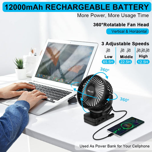 ELZO 12000mAh Camping Fan, Rechargeable Desk Fan USB Mini Fan with LED Light & Hook, 360° Rotation Quiet with Remote Control
