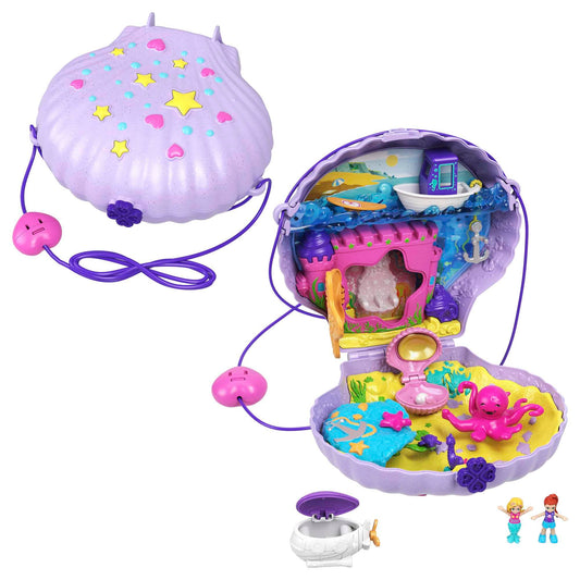 Polly Pocket Treasure Chest, shell crossbody bag in underwater theme, comes with 2 dolls and 1 submarine, Polly Pocket Mermaid toy, for kids ages 4+, GNH11