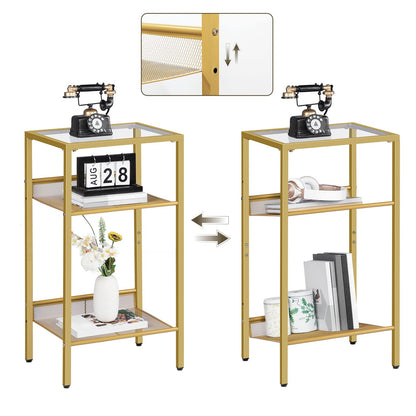 HOOBRO Side Table Gold, Telephone Table, 3-Tier Nightstand with Tempered Glass Top and Grid, Coffee Table for Living Room, Bedroom, Gold Color EGD04DH01