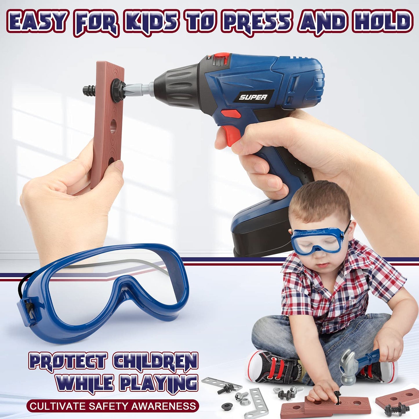 Vanplay Tool Set for Kids with Tool Box Electric Toy Drill Tool Belt Children's Toys for 3 4 5 6 7 Year Old Boys Girls Kids (52pcs)