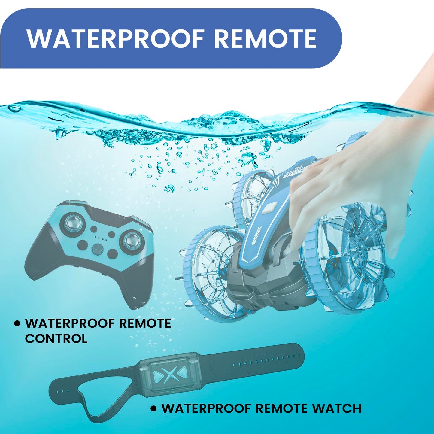 Tecnock Amphibious Remote Control Car, 4WD 360° Rotating Gesture Sensor Stunt RC Car with Lights, Remote Control Boat with Waterproof Remote, Gifts Toy for 3-8+ Years (with Watch)