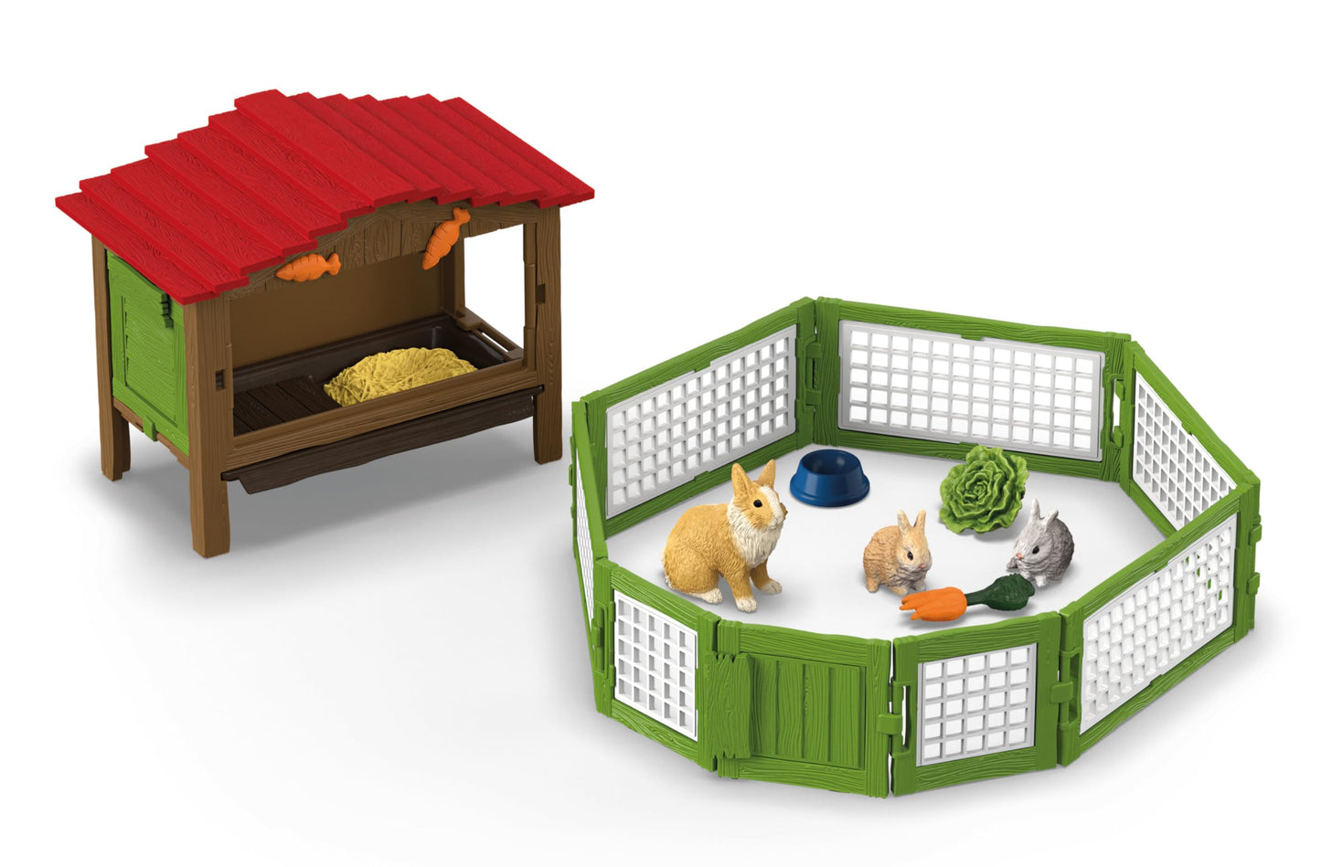 Farm World Rabbit Hutch 42728 | Set of 3 rabbits, with hutch, feed, and accessories | detailed animal figures | farm toy for kids ages 3+ | Set of 17 pieces