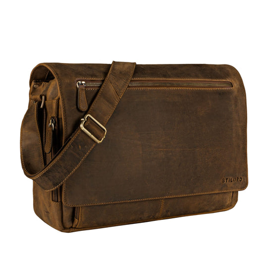 STILORD 'Jan' 15.6 inch laptop bag leather men women shoulder bag briefcase casual office bag soft vintage leather, color: calais - brown