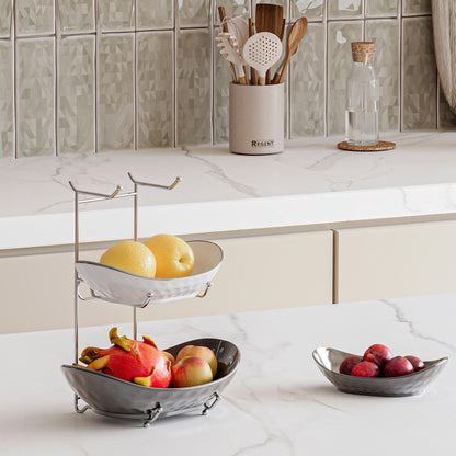 Acliy's 3-tier ceramic fruit bowl for kitchen, perfect for storing fruits and vegetables, snacks, nuts, desserts, and cakes. Great for parties and weddings.
