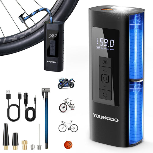 Electric air pump, YOUNGDO bicycle pump, bicycle pump 150PSI, battery compressor 6000mAh, pump for all valves for bike, motorcycle, car.