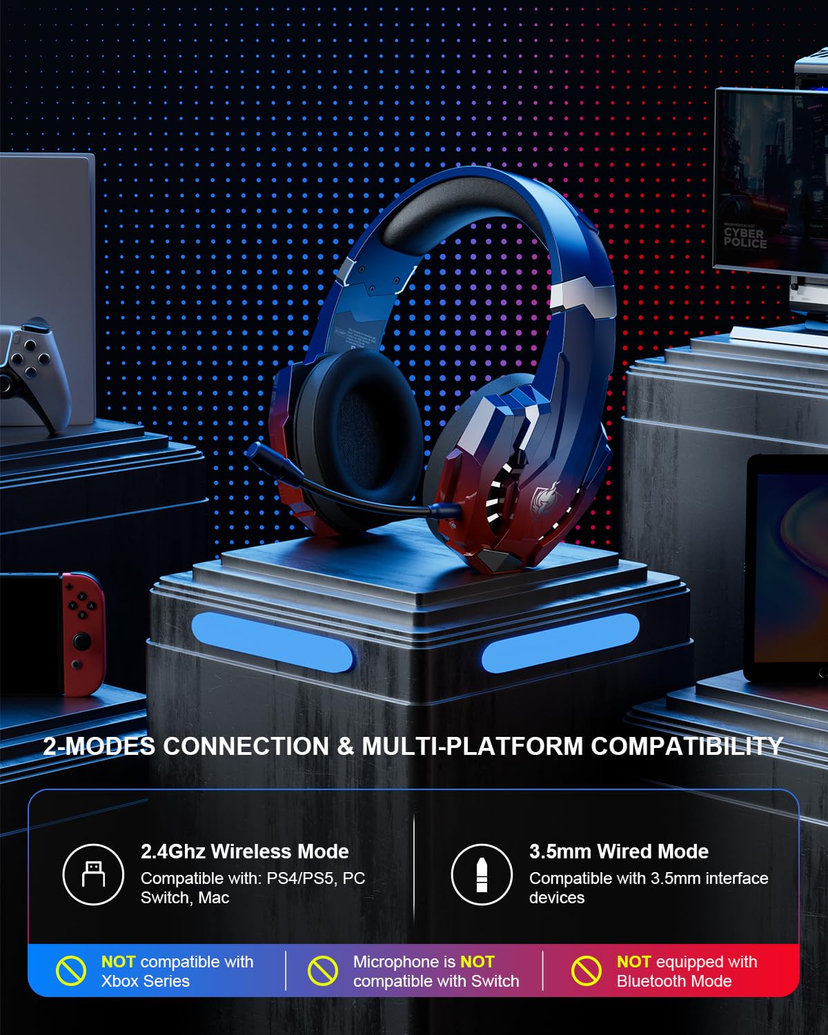 PHOINIKAS PS5 Wireless Headset, 2.4G Gaming Headphones Wireless for PC PS4 Switch Mac, Foldable Surround Sound Noise Cancelling Gamer Headset with microphone, Over 50 hours of battery life (Dazzle Blue)