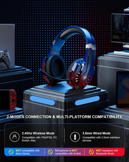PHOINIKAS PS5 Wireless Headset, 2.4G Gaming Headphones Wireless for PC PS4 Switch Mac, Foldable Surround Sound Noise Cancelling Gamer Headset with microphone, Over 50 hours of battery life (Dazzle Blue)