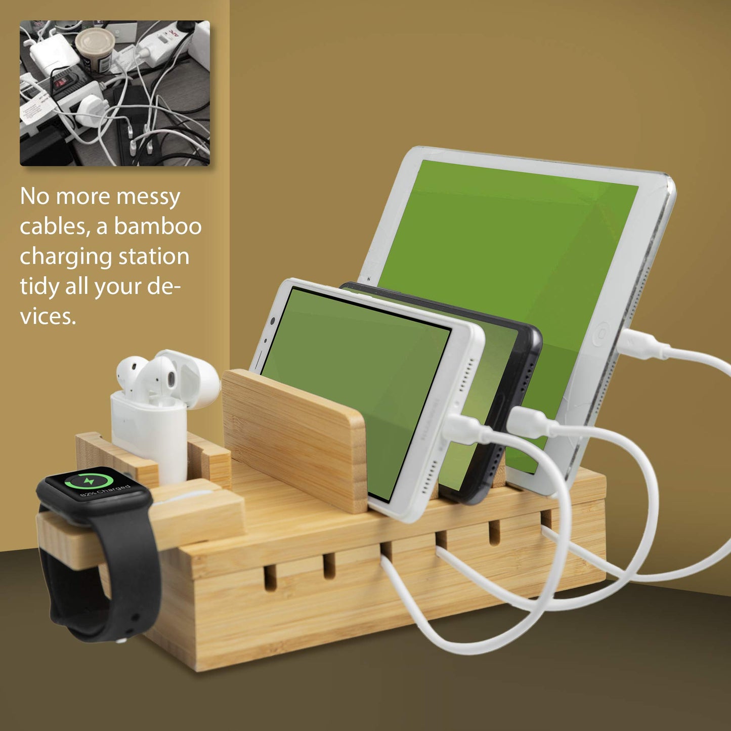 TechDot Bamboo Charging Station Multiple Devices 5 Port USB Multi Charging Station Bamboo for Phones Smartphones Tablets Wood Charging Station