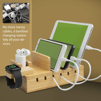TechDot Bamboo Charging Station Multiple Devices 5 Port USB Multi Charging Station Bamboo for Phones Smartphones Tablets Wood Charging Station