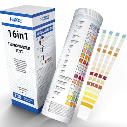 130x 16in1 drinking water test strips in tube | Water analysis for 16 parameters | Ideal water test strips for drinking water, pool, spa & aquarium | Tests water hardness, lead, copper, iron, and more.