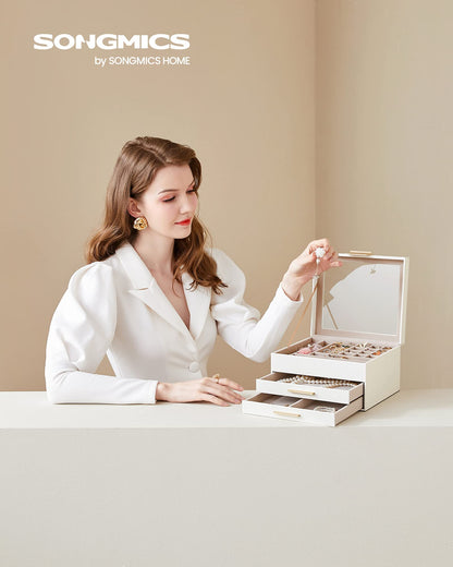 SONGMICS Jewelry box with 3 levels, glass lid, 2 drawers, ample storage, modern design, perfect gift for your loved ones, cloud white-gold JBC239WT.