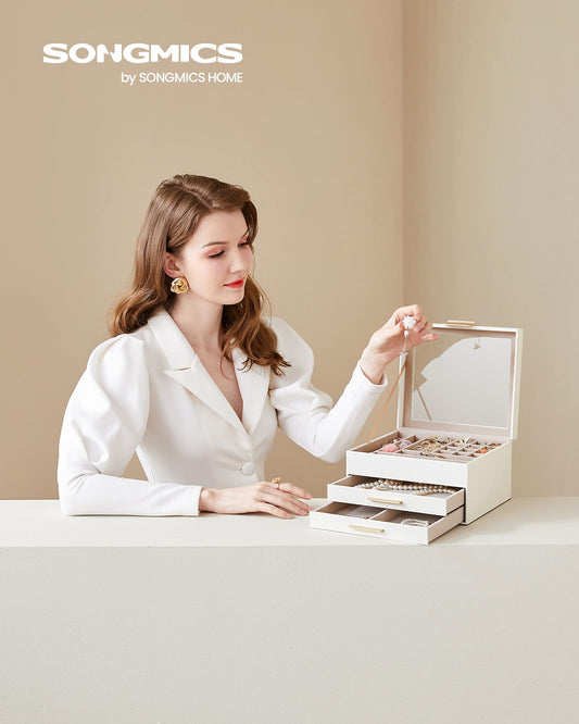 SONGMICS Jewelry box with 3 levels, glass lid, 2 drawers, ample storage, modern design, perfect gift for your loved ones, cloud white-gold JBC239WT.