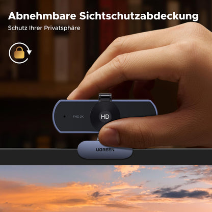 UGREEN Webcam 2K, USB A webcam with microphone, PC camera, fixed focus, 80° field of view, camera with privacy cover, automatic light correction, stereo sound, plug & play, PC camera for Windows/MacOS/Zoom/Skype.
