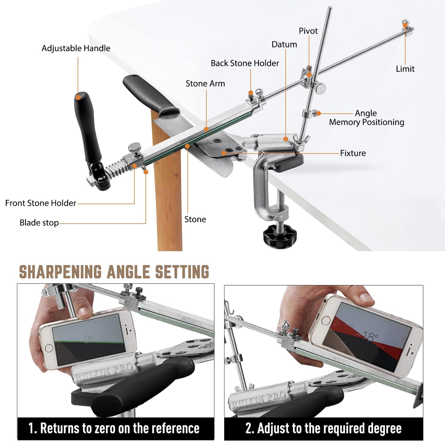 RUIXIN PRO RX-008 Professional Knife Sharpener with 7 sharpening stones, 360° rotatable, flip design, fixed angle, stainless steel, kitchen, chef's knife, sharpening tools, holding system