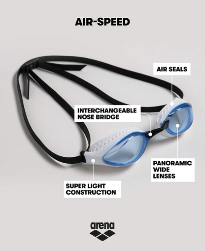 ARENA Air-Speed Adult Swim Goggles with Wide Lenses, UV Protection, 3 Interchangeable Nose Bridges, Air Seals Seals, Anti-Fog Coated Lenses.
