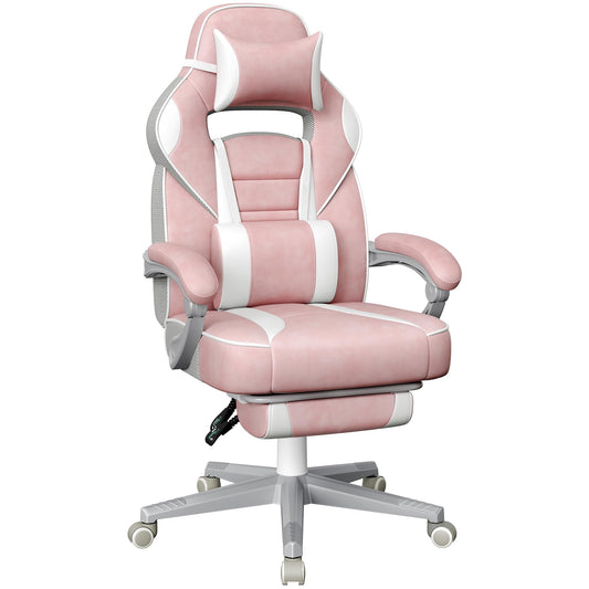 SONGMICS Office Chair with Adjustable Footrest, Headrest, Lumbar Pillow, Height Adjustment, Ergonomic Design, Reclining Backrest, Supports up to 150 kg, Pastel Pink and Cream White OBG073P01