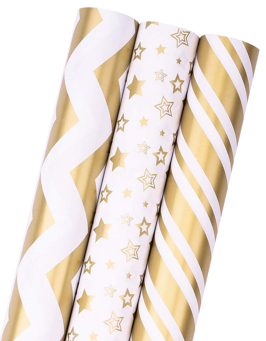 RUSPEPA Gift Wrap Roll - Mini Roll - 43.2 cm x 3.05 m per roll - 3 Different Gold Print Designs (42.5 Sq.Ft. Total)
