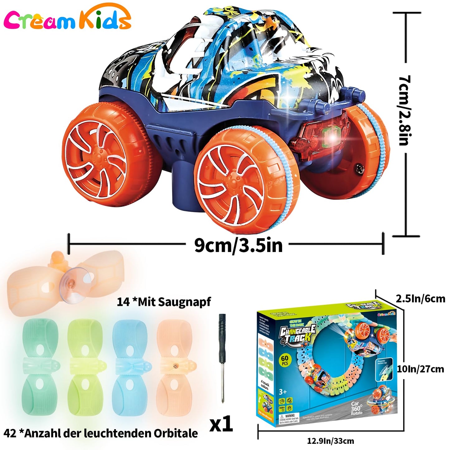 CREAMKIDS Racing Track Car Toy Set,Slot Car Racing Tracks,360° Rotation Race Car with Lights,Flexible Wall Crawling Race Track,Christmas Birthday Gift Toy for Kids 4-12 (60 pieces)