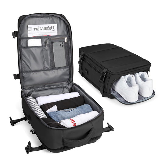 BJLFS backpack carry-on luggage for Ryanair, water-resistant for business travel. Large enough for 14-inch laptop. Perfect for men and women. Black color.
