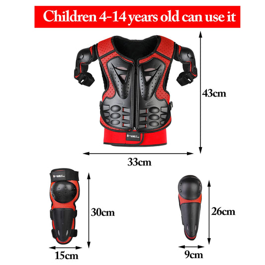 JUSTDOLIFE Motorcycle Protective Jacket, Kids Motorcycle Armor with Knee Pads Elbow Pads Chest Protector Racing for Outdoor Sports - 4/6/8/10/12/14 Years (Red)