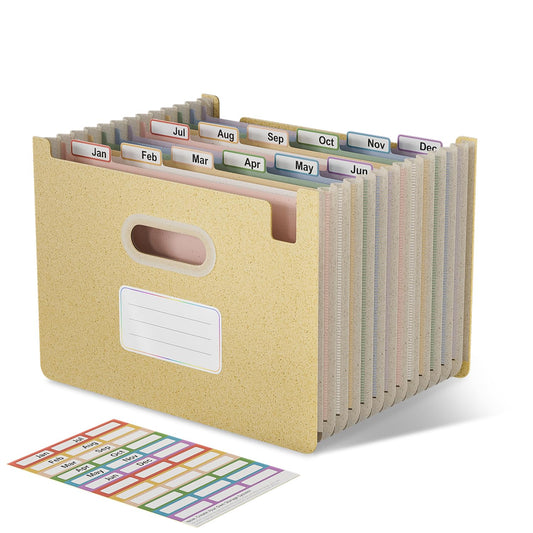 EcoStash A4 document folder with 12 compartments, made of wheat straw. Colorful organizer for sorting papers, accordion file folder, standing and open at the top, BPA-free. Back to nature, healthy living - Wheat Yellow.