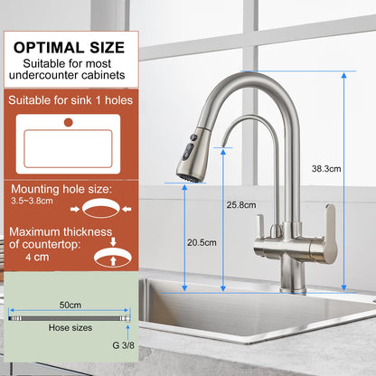 KINKIBOS 3-way kitchen faucet with pull-out sprayer for water filter, brass body, 360° swivel kitchen tap, mixer tap with drinking water spout, brushed nickel.