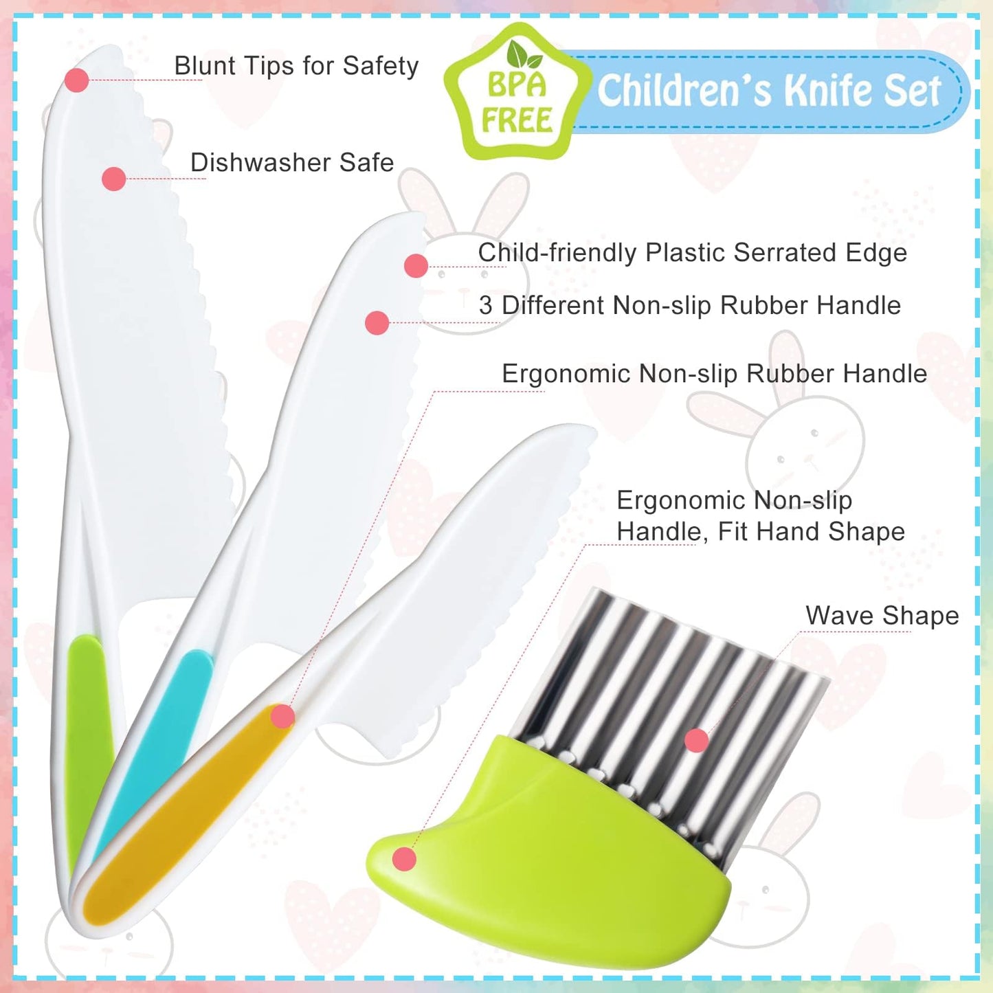 Cevikno Kids Knife Set - Wooden kitchen knife set for toddlers including cutting board, Y-peeler, crinkle-cutter. Montessori child-friendly knife (Yellow).
