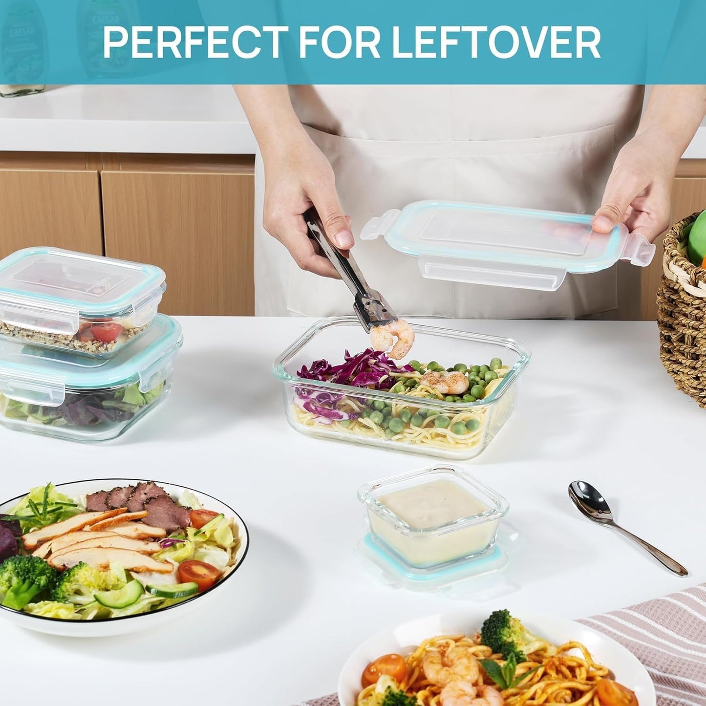 Vtopmart 8 Pack Glass Containers with Lids, Glass Food Storage Containers with Lids, Meal Prep Boxes for Food, Microwave Safe, BPA-Free (Green)